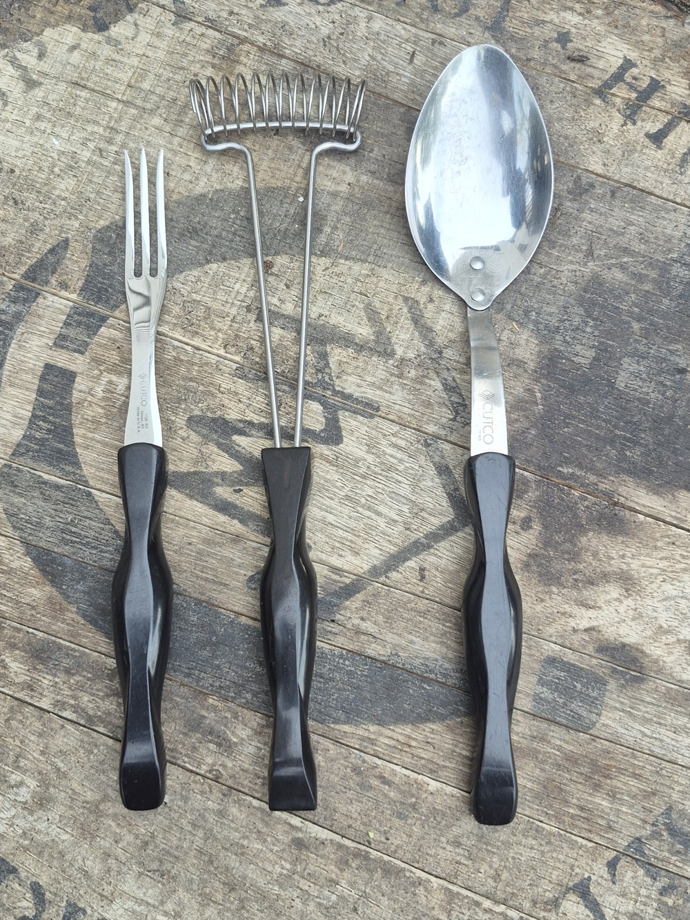 Cutco Black Handle Serving Spoon Fork and Masher Set